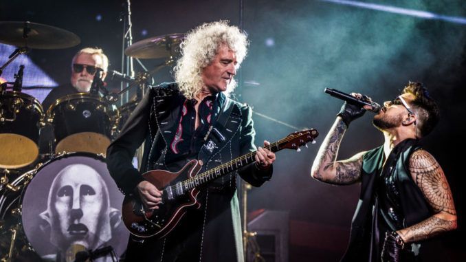 Queen and Adam Lambert perform at Ziggo Dome, Amsterdam, Netherlands, 13th November 2017. L-R drummer Roger Taylor, guitarist Brian May and singer Adam Lambert. (Photo by Paul Bergen/Redferns)