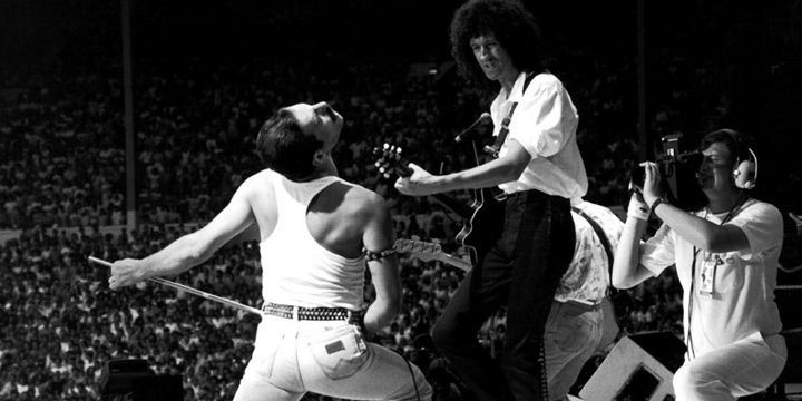 Freddie Mercury y Brian May. Queen en Live Aid, 1985.