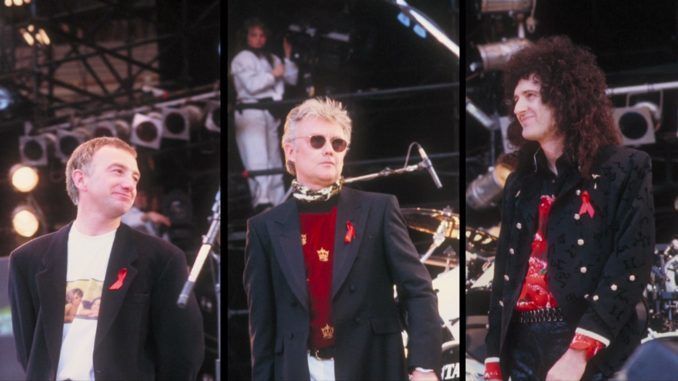 Freddie Mercury Tribute Concert 1991. John Deacon, Roger Taylor y Brian May. Queen.