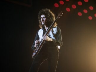 English singer, songwriter and lead guitarist for the rock band Queen, Brian May, onstage at Cobo Arena, on November 18, 1979, in Detroit, Michigan. (Photo by Ross Marino/Getty Images)