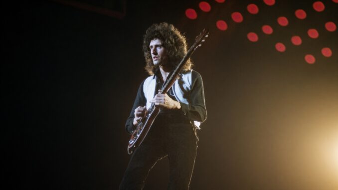 English singer, songwriter and lead guitarist for the rock band Queen, Brian May, onstage at Cobo Arena, on November 18, 1979, in Detroit, Michigan. (Photo by Ross Marino/Getty Images)